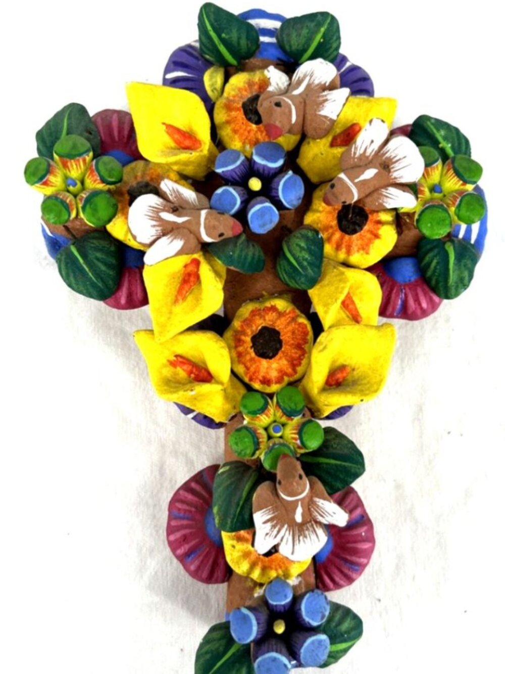 Folk Art Tree of Life Flowers Birds7.5" Mexican Clay Pottery Wall Cross